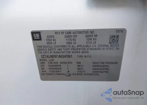 2010 GMC Terrain Slt-2 z USA, uszkodzony, nr VIN 2CTALHEW1A6347891